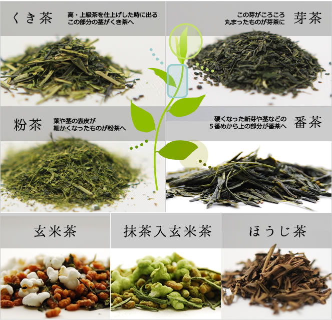 茎茶・ほうじ茶・芽茶・玄米茶・抹茶入り玄米茶・麦茶・番茶・粉茶